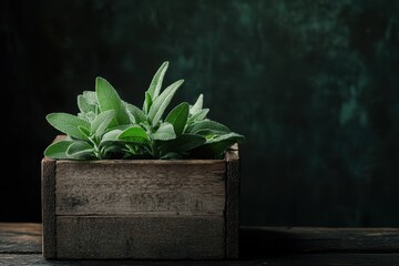 Dried sage in a rustic wooden box against a dark backdrop highlighting its benefits for oral health and natural remedies