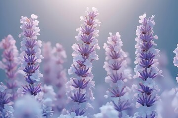 Fototapeta premium A close-up view of delicate lavender flowers in soft shades of purple, creating a serene and calming atmosphere with a dreamy blur in the background.