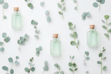 Eucalyptus oil bottles and plant twigs on a white backdrop