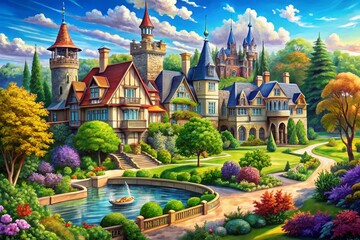 Exquisite Panoramic Photography of Hand-Drawn Digital Illustrations Featuring Majestic Mansions, Enchanting Castles, and Timeless Old Houses in Stunning Detail