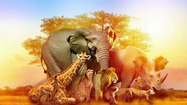 Majestic Big Five wild animals gather in the african savanna at sunset, showing wildlife harmony in warm light.