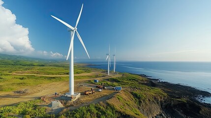 Wind Turbines on a Coastal Cliff with Workers and a Blue Sky