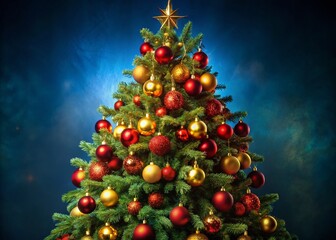 Festive Christmas Tree Adorned with Red and Gold Ornaments Against a Striking Blue Background for Holiday Celebrations and Seasonal Decor Inspiration