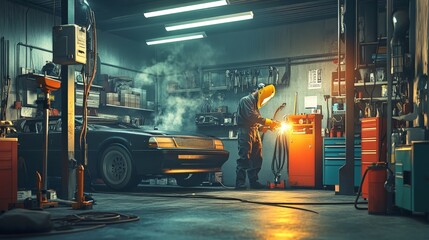 A repair bay in a garage, with a mechanic working on a car exhaust system, using welding equipment and safety gear