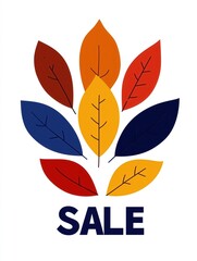A promotional graphic featuring a collection of colorful autumn leaves arranged above bold, dark text that reads "SALE" on a white background.