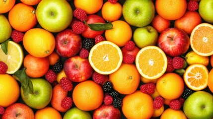 A vibrant array of fresh fruits including oranges, apples, and berries, showcasing a colorful and healthy selection.
