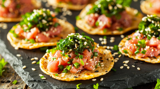 Delicious tuna tartare tostada canap   topped with wakame salad and sprinkled with sesame seeds