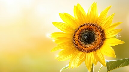 Obraz premium A vibrant sunflower blooms against a soft, blurred background, showcasing its bright yellow petals and seeds.