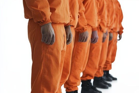 A row of inmates standing in line, all wearing matching prison uniforms, isolated on a white background