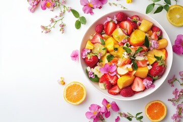 Isolated bowl of fresh healthy fruit salad on white