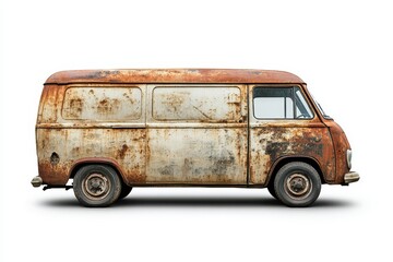 Isolated side view of a dirty rusty old delivery van on a white background Short base cargo minibus Vehicle recycling idea
