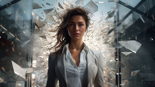 A woman standing strong in front of a shattered glass ceiling, representing gender equality and breaking down barriers in the workplace.generative ai illustration