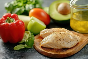 Mixed salad with avocado apple bell pepper and grilled chicken Paleo and keto friendly Yop view Focused shot