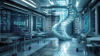 Futuristic Interior with a Glowing Spiral Staircase and Computer Monitors