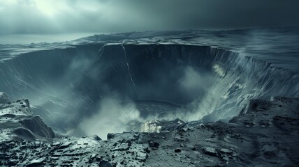 Deep crater in a bleak, deserted landscape with thick steam rising into the dark