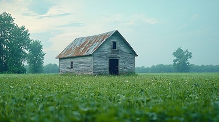Obraz premium Explore the tranquil beauty of a secluded rustic barn surrounded by lush green fields