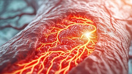 Detailed close-up of a blood vessel with luminous red and orange colors.