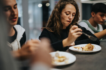 Students gather for a meal in a school cafeteria, chatting and building connections while enjoying their food. The scene captures the essence of social interaction and community during lunchtime.
