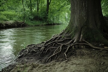 A tree root system stretching deep into the soil, visible near a riverbank