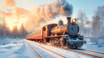 Obraz premium Vintage steam train travels through a snowy landscape at sunset creating a magical winter scene