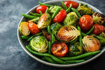 Roasted Brussels sprouts tomatoes and green beans salad Vegan health idea Top view with empty space