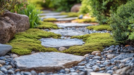 Naklejka premium Serene Stone Pathway Through Lush Greenery