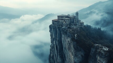 Ancient monastery perched on a clifftop amidst clouds.