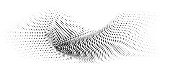 Flowing Wave Dot Halftone Pattern: Curve Gradient Shape on Transparent Background. Suitable for AI, Tech, Network, Digital, Science, and Technology Themes.