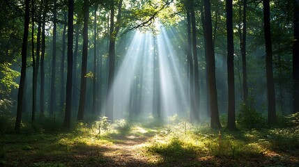 Obraz premium Nature illuminates the forest path with sunlight streaming through the trees