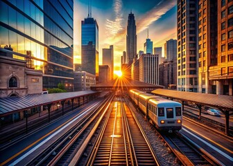 Naklejka premium High Angle View of a Passenger Train at a Junction on Elevated Railroad Tracks in Downtown Chicago Showcasing Urban Architecture and Transportation Dynamics