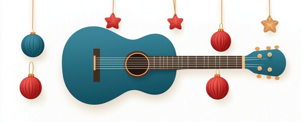 Naklejka premium A vibrant blue guitar surrounded by colorful hanging ornaments, creating a festive and cheerful atmosphere.