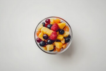 Top down view of a fresh fruit salad in a bowl on a white surface with space for text