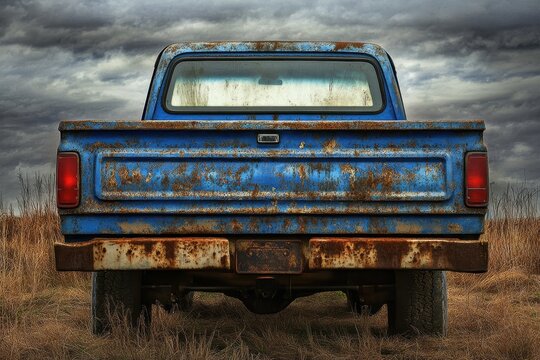 The back of a worn blue 80s pickup truck
