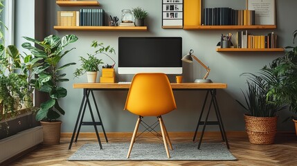 Stylish Home Office with Modern Design Featuring a Desktop Computer, Vibrant Plant Life, and Elegant Yellow Accents in a Cozy Workspace Environment