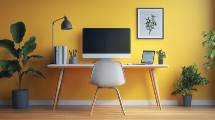 Best Selling Apps for Remote Work: Stylish Home Office Setup with Computer, Desk, Lamp, and Plants on a Cheerful Yellow Background