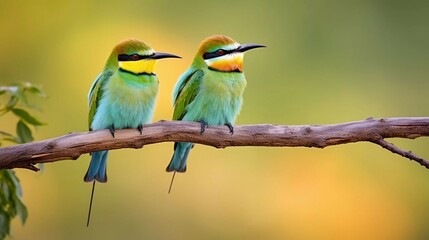 Obraz premium Two vibrant green birds perched on a branch against a blurred background.