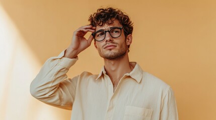 Fototapeta premium Contemplative Young Man in Casual Attire Against a Warm Yellow Background