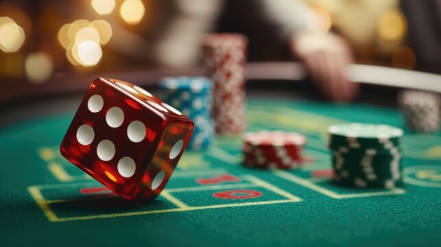 A vibrant casino scene featuring colorful dice and chips on a gaming table, capturing the excitement of gambling.