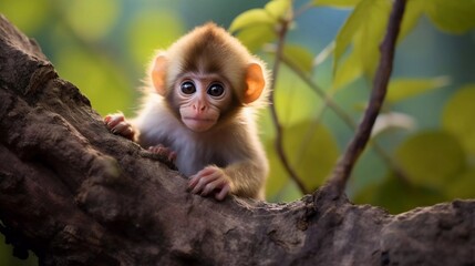 Obraz premium A curious baby monkey perched on a tree branch, surrounded by lush greenery.