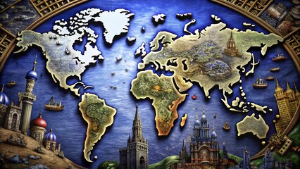 Intricate World Map Illustration with Urban Exploration Elements Showcasing Diverse Cultures and Landmarks in a Vivid, Artistic Style Ideal for Travel and Geography Themes