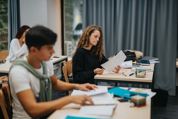 A group of students engaged in study, seated at desks in a modern classroom. The scene represents focus, learning, and academic collaboration, highlighting the educational environment and youthful