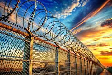 Fototapeta premium Isometric View of Razor Wire Fence for Military and Prison Security, 3D Rendering with Copy Space for Custom Text and Graphics
