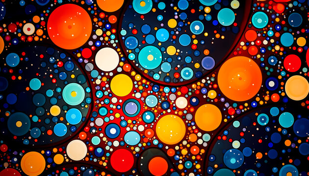 Colorful Abstract Art with Circles and Dots:
A vibrant and intricate abstract design composed of colorful circles and dots against a dark background, 