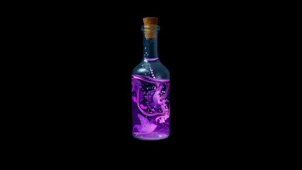 A mysterious floating potion bottle with a purple, swirling liquid and glowing particles, set against a plain black background
