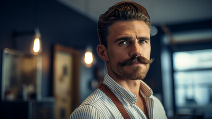 A man with a styled mustache and neatly combed hair, wearing a striped shirt with suspenders, stands in a dimly lit barbershop with vintage decor and hanging lights.