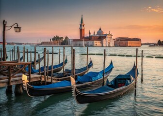 Fototapeta premium Long Exposure Gondolas on the Grand Canal with San Giorgio Maggiore Basilica in the Background – Capturing the Essence of Venice's Timeless Beauty