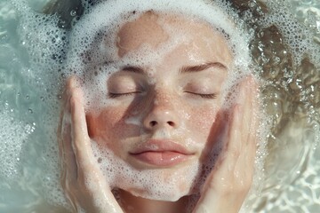 Fototapeta premium Appealing woman with neat hair enthusiastically washes her face eager for flawless skin