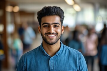 Obraz premium Close up of a young Indian male student in a blue shirt smiling in an office setting