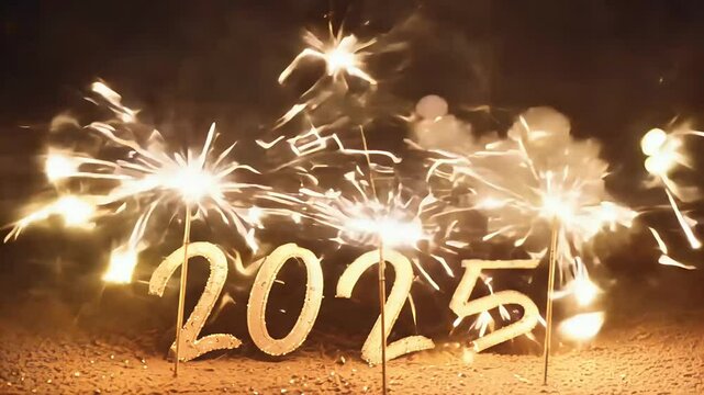 Sparkling sparklers form number 2025 dark backdrop symbolizing joy celebration excitement new year glowing light trails create festive hopeful mood Years celebrations sparkler night background hope