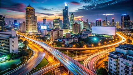 Obraz premium Long Exposure Poster Mockup Template in Bangkok with Blank Space for Clipping Path, Ideal for Advertising and Marketing, Urban Cityscape Background, Photographic Art Display